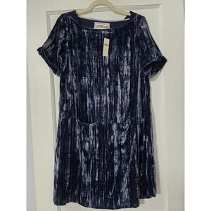 Anthropologie Floreat Blue Crushed Velvet Crinkled Patch Pocket Shift Dress Sm‎